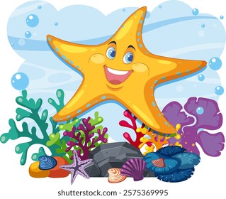 Smiling starfish surrounded by colorful underwater life