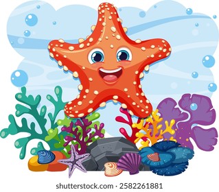 Smiling starfish surrounded by colorful underwater life