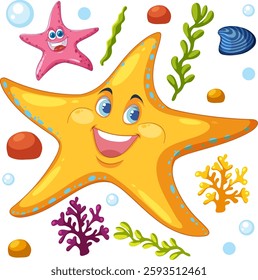 Smiling starfish surrounded by colorful sea elements