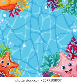 Smiling starfish surrounded by vibrant coral and bubbles