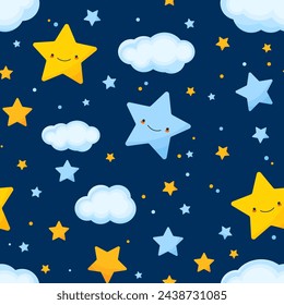 Smiling stars and clouds in night sky seamless pattern. Design for children's clothing, bed linen, wrapping paper, wallpaper, cups and bags