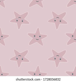 Smiling stars seamless pattern in doodle style. Character star shapes elements wallpaper. Pastel colors. Design for baby fabric, textile print, wrapping paper, cover, packing. Vector illustration.
