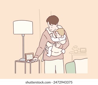 Smiling stay-at- home dad spending time together with his little child, Wipe the desk with a mop of hands in living room, Hand drawn style vector design illustrations.