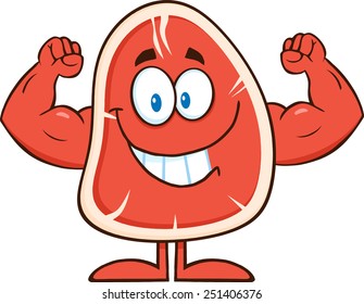 Smiling Steak Cartoon Mascot Character Flexing. Vector Illustration Isolated On White