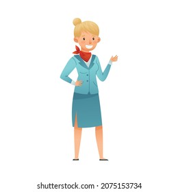 Smiling stewardess character in blue uniform cartoon vector illustration
