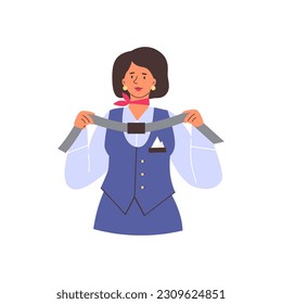 Smiling stewardess demonstrates how to use seat belt flat style, vector illustration isolated on white background. Instructions, flight rules, woman in blue uniform