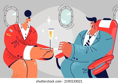 Smiling stewardess serve rich businessman in business class on flight. Caring aircraft crew bring champagne to male traveler in first class in plane. Vector illustration. 