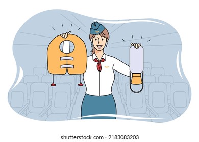 Smiling stewardess showing safety measures on plane. Happy airplane crew demonstrate how to act in case of emergency. Flight safety. Vector illustration. 