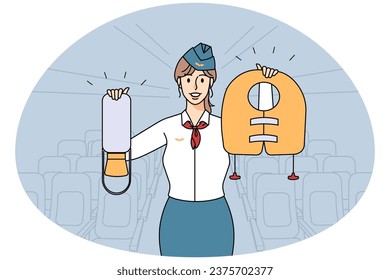 Smiling stewardess showing safety measures on plane. Happy airplane crew demonstrate how to act in case of emergency. Flight safety. Vector illustration.