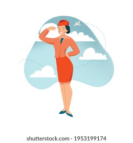 Smiling stewardess in uniform on background with blue sky and clouds flat icon vector illustration