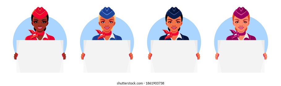 Smiling stewardesses holding empty posters. African American and European air hostess set. Vector colorful illustrations templates for travel ads