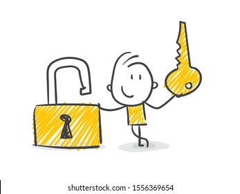 Smiling Stick Figure with Key and Lock