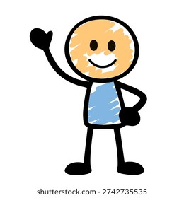 Smiling Stick Man Character Raising Hand Saying Hello Wearing Blue Scribble Shirt