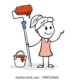 Smiling stick woman is painter. Drawing of cartoon stick figure conceptual illustration of young girl holding roller with paint. She is pleased her creative work. Motivation and inspiration sign.