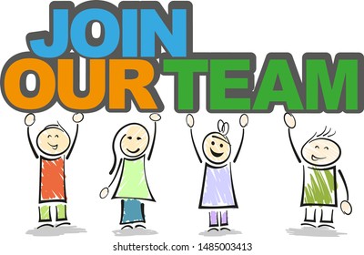 smiling stickman characters holding text JOIN OUR TEAM vector illustration
