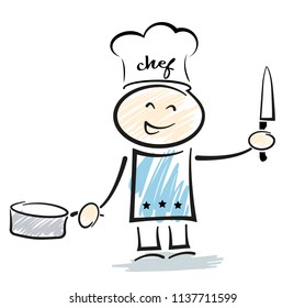 smiling stickman chef with toque holding kitchen knife and saucepan