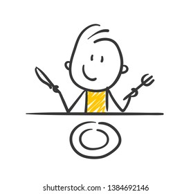 Smiling Stickman With Fork And Knife At Table Vector