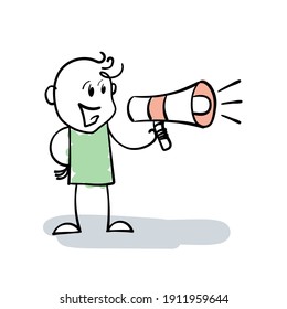 Smiling Stickman speaking in megaphone. Cartoon Stick Figure drawing salesman or manager using loudspeaker or megaphone to spread news, sales, announcement and advertisement. Vector Marketing concept.