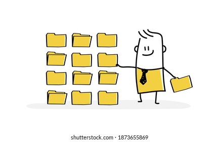 Smiling stickman stands next to full digital files. Vector illustration.