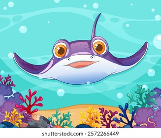 Smiling stingray among vibrant coral and bubbles