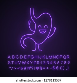 Smiling stomach character neon light icon. Healthy digestive system. Gastrointestinal tract health. Glowing sign with alphabet, numbers and symbols. Vector isolated illustration