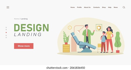 Smiling stomatologist greeting sad little boy. Teeth, healthcare, clinic flat vector illustration. Dentistry and stomatology concept for banner, website design or landing web page