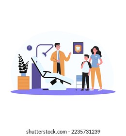 Smiling stomatologist greeting sad little boy. Teeth, healthcare, clinic flat vector illustration. Dentistry and stomatology concept for banner, website design or landing web page