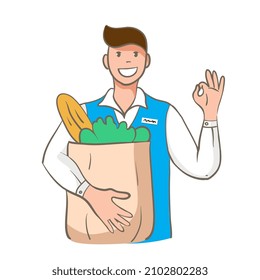 Smiling store employee with a package of products in his hands. Flat cartoon style vector illustration.