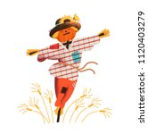 Smiling straw scarecrow dressed in old clothes and hat standing on field with growing crops. Cute happy bird scarer in ragged clothing. Colorful vector illustration in modern flat cartoon style.
