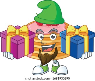 A smiling strawberry cream pancake cartoon design having Christmas gifts