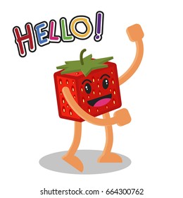 Smiling Strawberry Fruit Cartoon Mascot Character, Fruit happy Isolated On White Background With Text Hello, Vector Illustration.