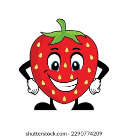 Smiling strawberry fruit character cartoon with arms on hips. Suitable for poster, banner, web, icon, mascot, background