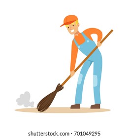 Smiling street sweeper at work, street cleaner character vector Illustration