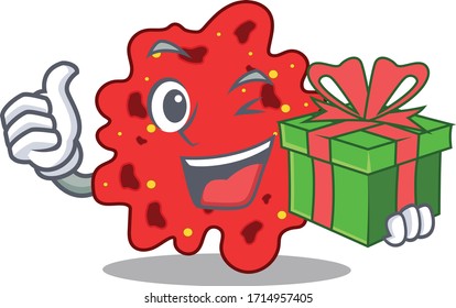 Smiling streptococcus pneumoniae cartoon character having a green gift box