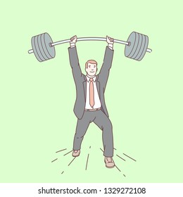 Smiling strong business man lifting barbell up. Successful businessman weightlifter holding heavy weight. Career goal achievement, success, overcoming challenge concept. Flat line vector illustration