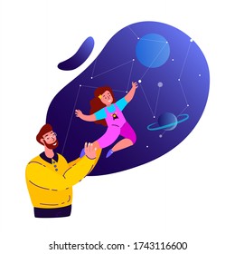 Smiling Strong Father Support Laughing Daughter, Play ing Together.Young Parent Protection.Girl Flying in Galaxy Space Cosmos.Baby Having Fun with Dad. Caring, Supporting Papa.Flat Vector Illustration