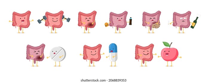 Smiling strong healthy and sad sick unhealthy intestines cute character set. Medical human anatomic abdominal cavity digestive and excretion internal organ icon collection. Vector eps illustration