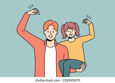 Smiling strong man hold in arms excited little daughter. Happy father show power and strength with small girl child. Vector illustration. 