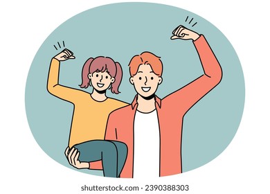 Smiling strong man hold in arms excited little daughter. Happy father show power and strength with small girl child. Vector illustration.