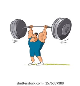 Smiling strong man lifting barbell up. weightlifter holding heavy weight , success, overcoming challenge concept. Flat line vector 