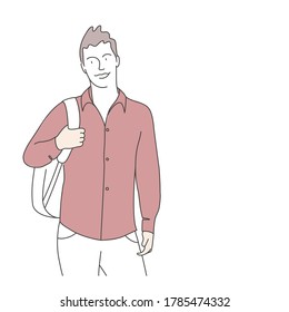 Smiling student with backpack. Hand drawn vector illustration.