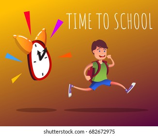 Smiling student boy with backpack 
runs away from the clock. Happy boy for first day of school. Flat vector illustration isolated on violet background. Full editable for animation.