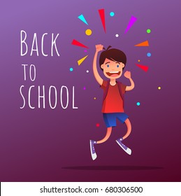 Smiling student boy with backpacks jumping up with raised hand gesture. Happy boy for first day of school. Flat vector illustration isolated on violet background. Full editable for animation.