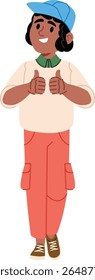 Um estudante sorridente com um boné dá um polegar para cima em um estilo de desenho animado divertido. Personagem alegre vestindo roupas casuais mostra aprovação com ambas as mãos. Ilustração de vetor de desenhos animados.