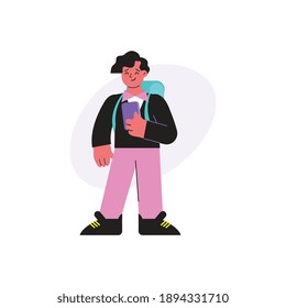 Smiling student character with school bag flat vector illustration
