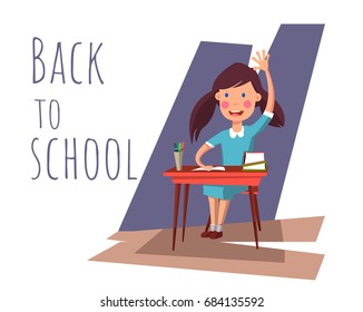 Smiling student girl sitting on school desk with raised hand gesture. Happy pupil girl for first day of school. Flat vector illustration isolated on violet background. Full editable for animation.