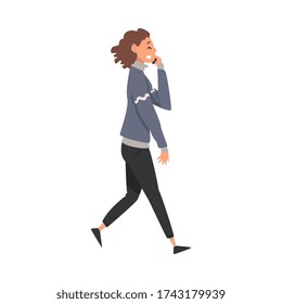 Smiling Student Girl Talking on Smartphone While Walking, Girl Using Digital Gadget Vector Illustration