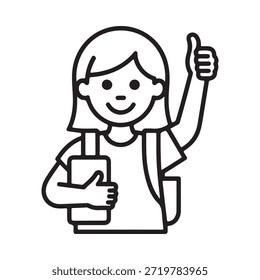 Un estudiante sonriente dando dos pulgares hacia arriba mientras sostiene libros y una mochila