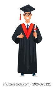 Smiling student graduate holding diploma certificate in roll. Happy guy wearing academic dress, celebrates graduation, person isolated on white background. Vector character illustration of education