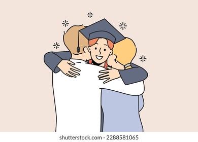 Smiling student in graduation robe and hat hug excited parents greeting at university. Happy mother and father embrace congratulate male graduate. Vector illustration. 